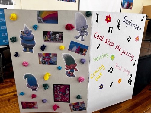 High School Musical display by Hill Top Academy. Pictured: A dividers with printed images and hand written words.